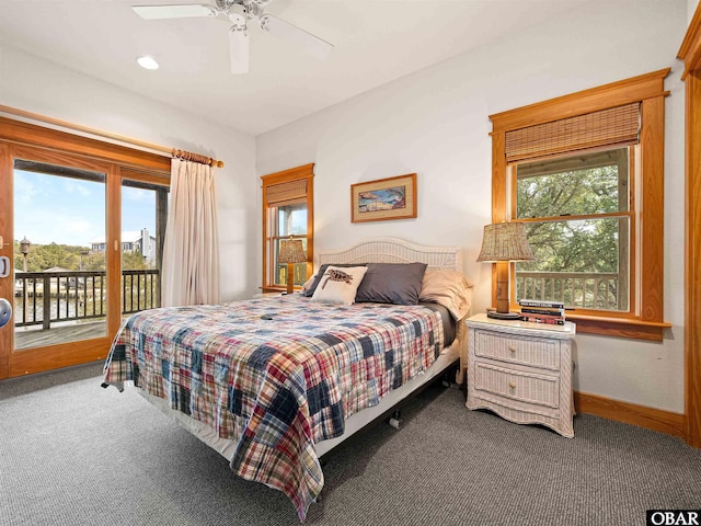 carpeted bedroom with baseboards, access to exterior, recessed lighting, and a ceiling fan