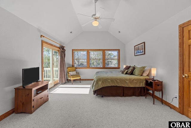 bedroom with lofted ceiling, ceiling fan, light carpet, baseboards, and access to exterior