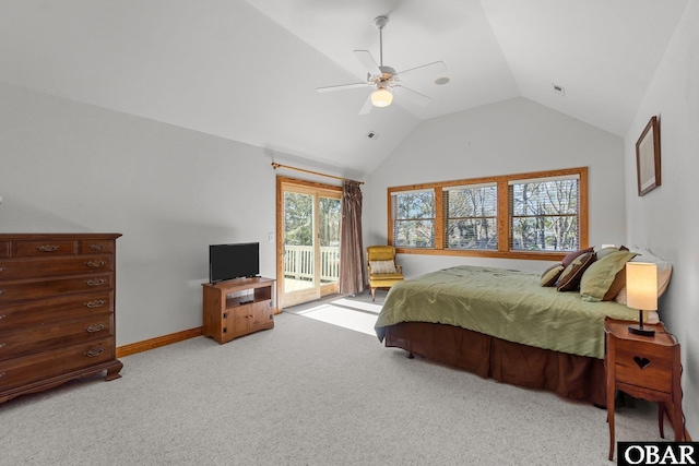 carpeted bedroom featuring visible vents, baseboards, ceiling fan, access to exterior, and vaulted ceiling