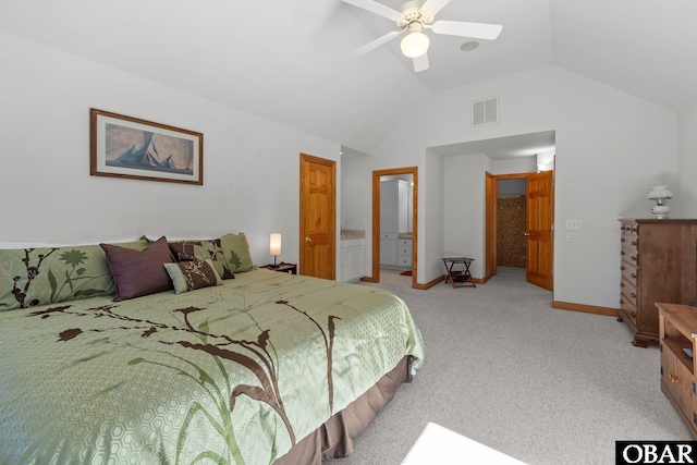 bedroom featuring light carpet, baseboards, visible vents, ceiling fan, and high vaulted ceiling