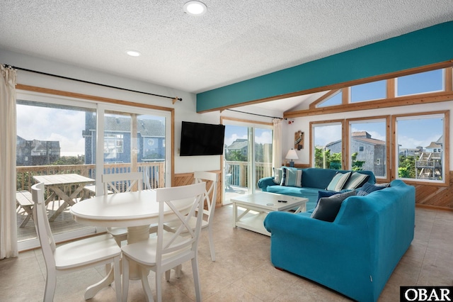 42082 Ocean View Dr Lot 67, Avon, NC 27915 - living area with a textured ceiling, lofted ceiling, and recessed lighting
