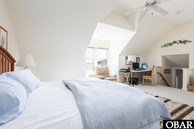 bedroom with a ceiling fan, carpet, and vaulted ceiling