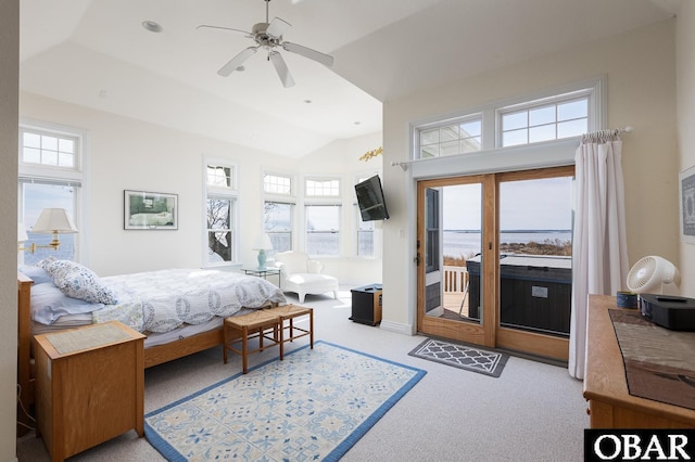 bedroom featuring a ceiling fan, carpet floors, access to exterior, and vaulted ceiling