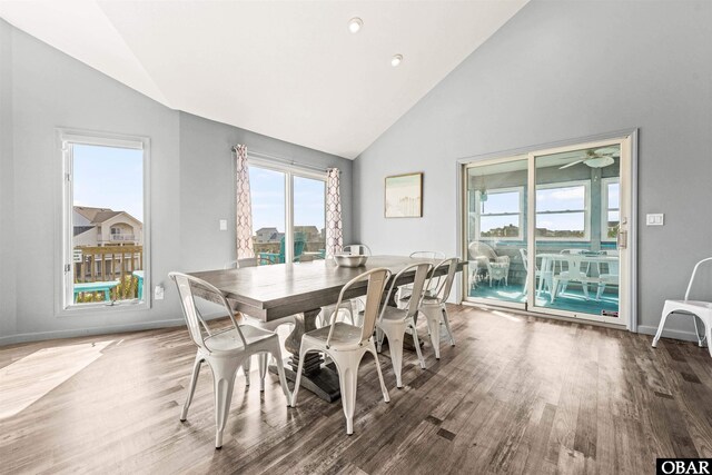 1024 Lighthouse Dr Lot 14, Corolla, NC 27927 - dining space with high vaulted ceiling, wood finished floors, and ceiling fan