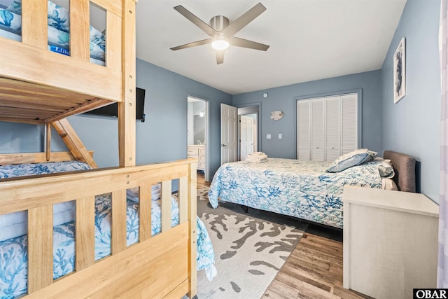 1024 Lighthouse Dr Lot 14, Corolla, NC 27927 - bedroom featuring wood finished floors, a closet, ensuite bathroom, and ceiling fan