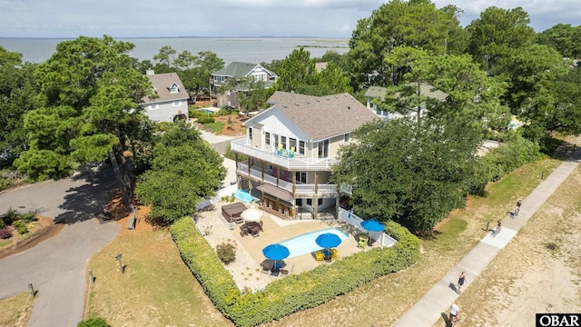 drone / aerial view with a water view