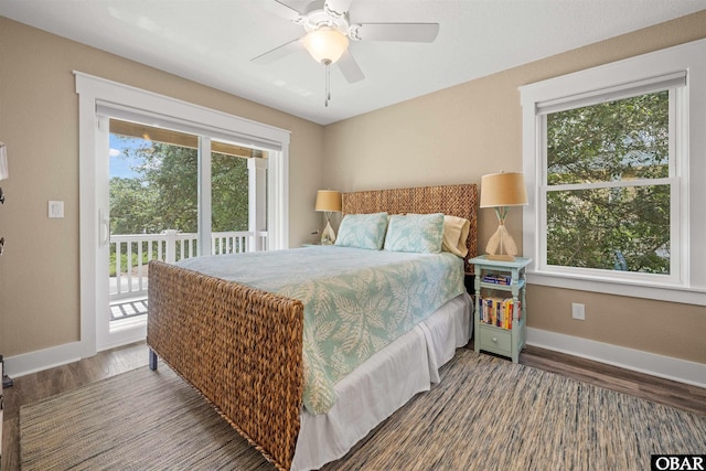 bedroom with baseboards, wood finished floors, a ceiling fan, and access to exterior