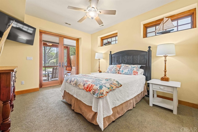 bedroom with access to outside, french doors, carpet floors, and baseboards