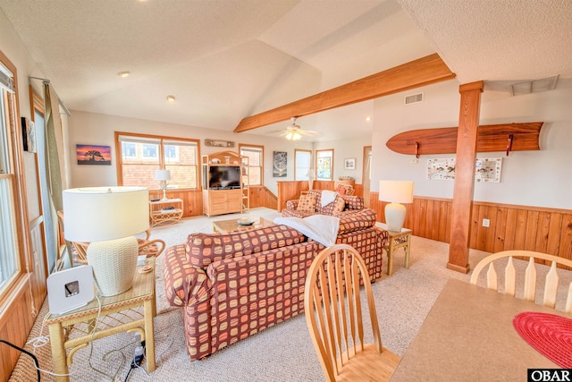 58208 Sand Rd Lot 19, Hatteras, NC 27943 - carpeted living area with wainscoting, wooden walls, recessed lighting, and ceiling fan