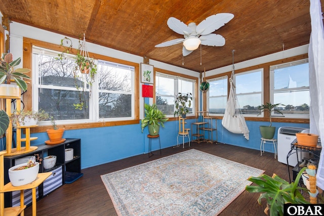 sunroom / solarium featuring wooden ceiling and ceiling fan