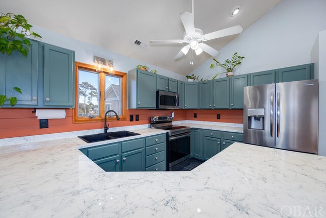 kitchen featuring stainless steel appliances, visible vents, vaulted ceiling, a sink, and light stone countertops