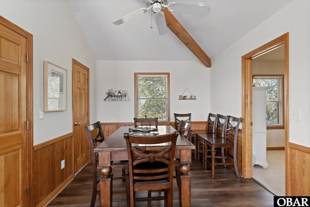 754 Cormorant Trl Lot 79, Corolla, NC 27927 - dining space featuring a wainscoted wall, dark wood-style flooring, wooden walls, and a ceiling fan