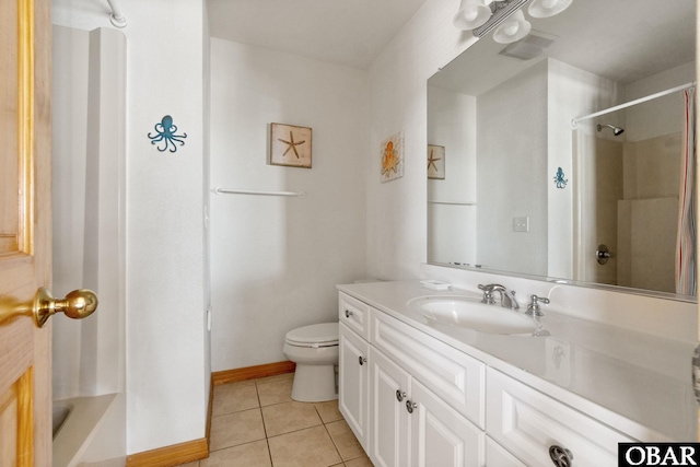 bathroom with visible vents, toilet, vanity, baseboards, and tile patterned floors