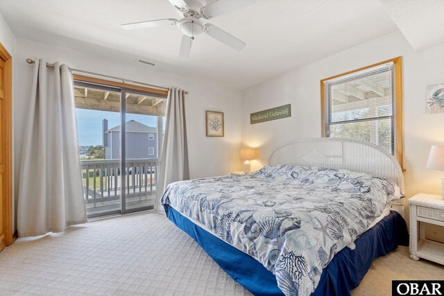 bedroom featuring access to outside, visible vents, ceiling fan, and light colored carpet