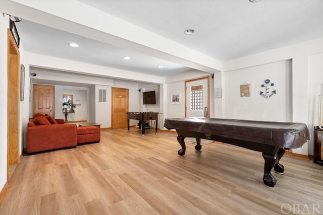 rec room with light wood-style floors, recessed lighting, and pool table