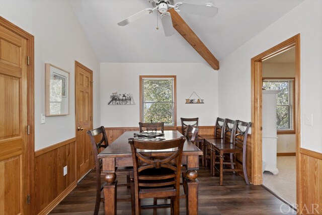 dining area featuring lofted ceiling with beams, a wainscoted wall, and a healthy amount of sunlight