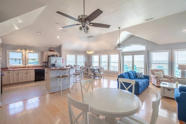 1386B Duck Rd Lot 34, Duck, NC 27949 - dining room featuring lofted ceiling, visible vents, light wood-type flooring, and ceiling fan