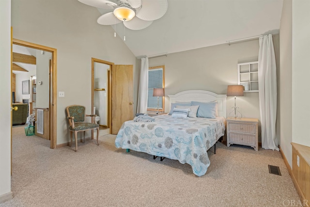 bedroom featuring high vaulted ceiling, ceiling fan, visible vents, and carpet flooring