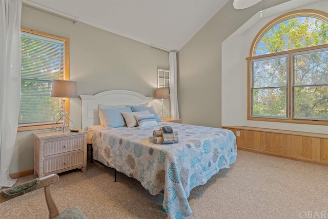 bedroom with lofted ceiling and light colored carpet