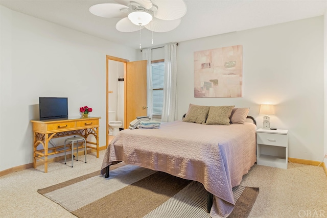 bedroom with light carpet, ceiling fan, and baseboards