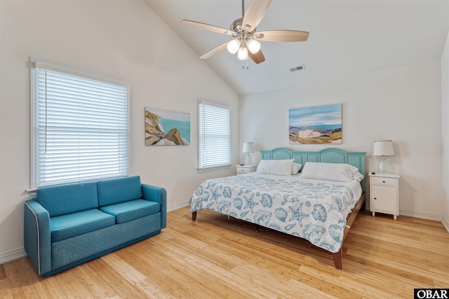 759 Ridge Point Dr Lot 42, Corolla, NC 27927 - bedroom featuring light wood finished floors, baseboards, high vaulted ceiling, and a ceiling fan
