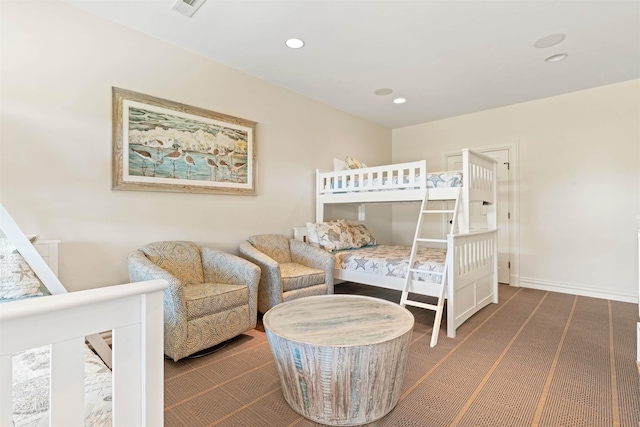 bedroom with visible vents, baseboards, dark carpet, and recessed lighting