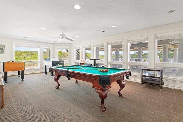 game room featuring ceiling fan, carpet, billiards, and recessed lighting