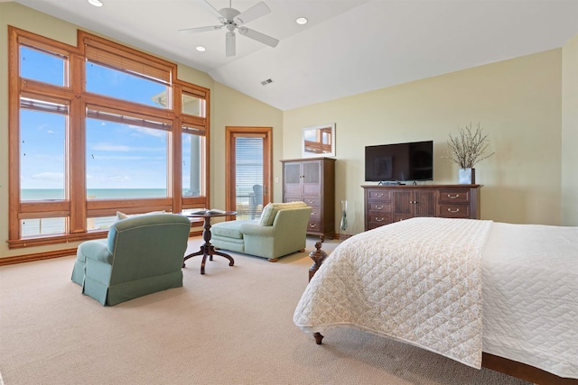 bedroom featuring recessed lighting, light carpet, vaulted ceiling, and ceiling fan