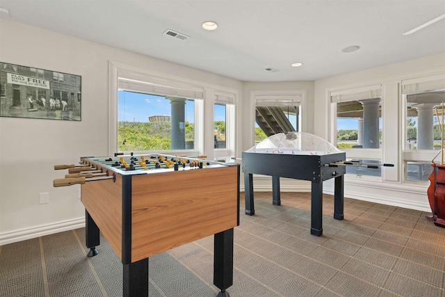 game room featuring baseboards, visible vents, dark carpet, and recessed lighting