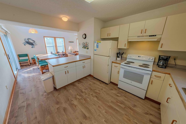 40270 Croaker Ct Lot D, Avon, NC 27915 - kitchen featuring white appliances, under cabinet range hood, light countertops, light wood-style flooring, and a peninsula