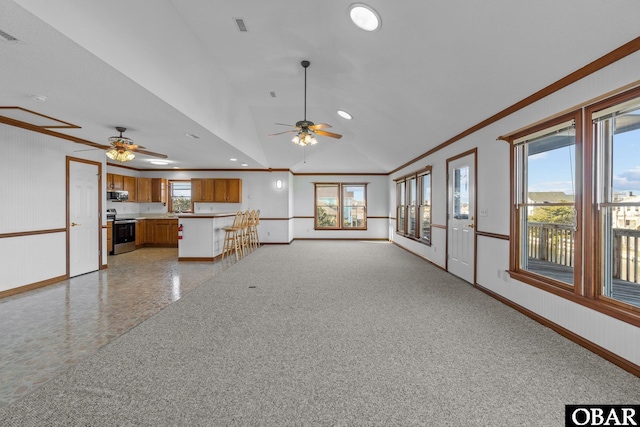 50096 Freebooter Ct Lot 178, Frisco, NC 27936 - unfurnished living room featuring recessed lighting, vaulted ceiling, crown molding, and baseboards