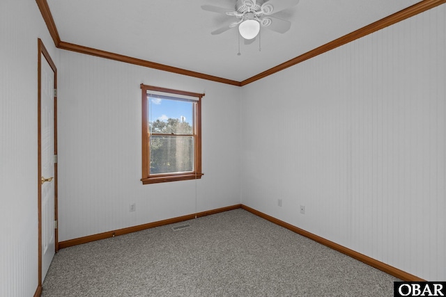 50096 Freebooter Ct Lot 178, Frisco, NC 27936 - spare room featuring a ceiling fan, baseboards, visible vents, carpet, and crown molding