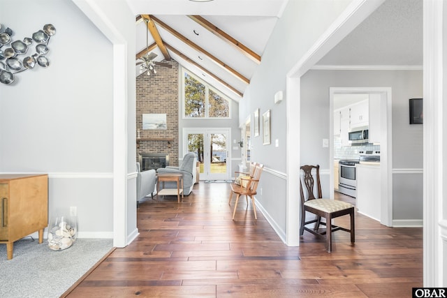 corridor with high vaulted ceiling, baseboards, beamed ceiling, and dark wood finished floors