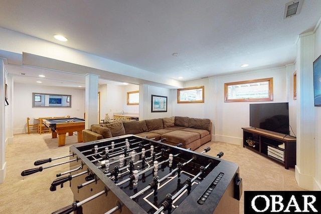 playroom featuring visible vents, recessed lighting, carpet floors, and pool table