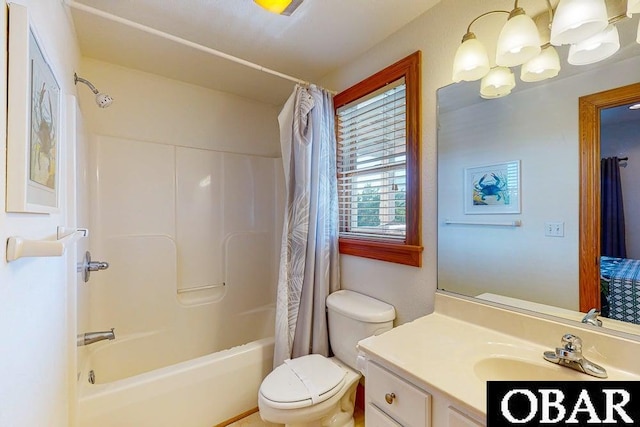 full bath with toilet, vanity, and shower / bath combination with curtain