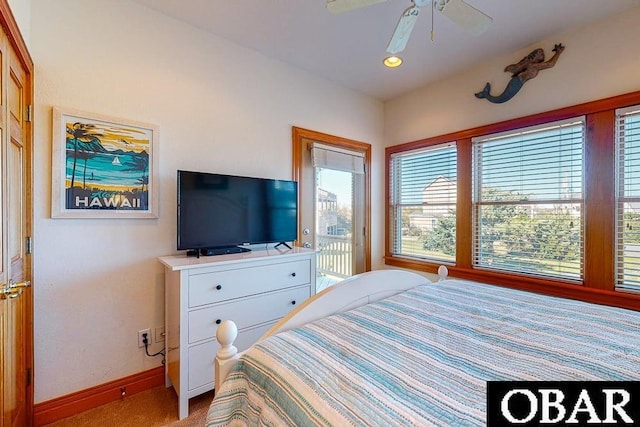 bedroom with carpet, a ceiling fan, access to outside, and baseboards