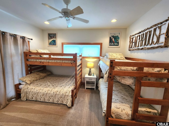 bedroom with recessed lighting, a ceiling fan, and carpet