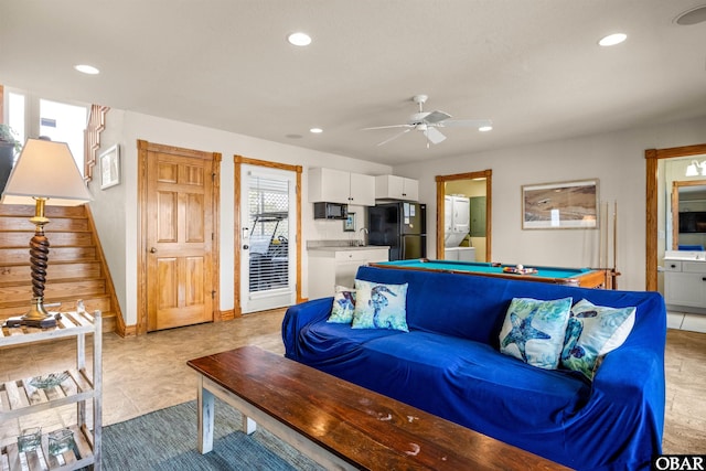 living area with pool table, stairs, a ceiling fan, and recessed lighting