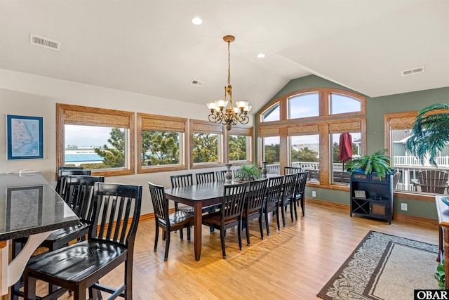 dining space featuring vaulted ceiling, visible vents, and plenty of natural light