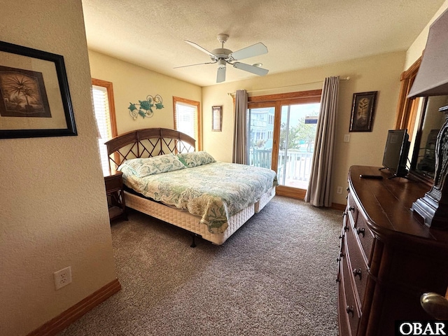 carpeted bedroom with a textured ceiling, ceiling fan, baseboards, and access to exterior