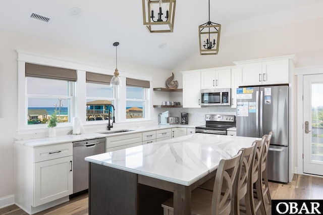 205 E Eckner St Lot # 17, Kitty Hawk, NC 27949 - kitchen featuring appliances with stainless steel finishes, a sink, open shelves, light wood-type flooring, and lofted ceiling