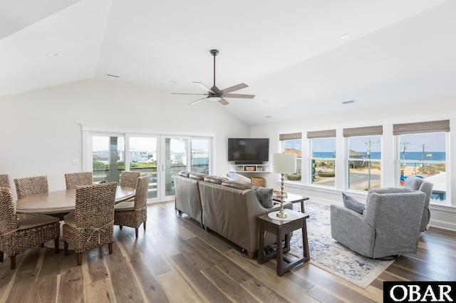 205 E Eckner St Lot # 17, Kitty Hawk, NC 27949 - living area with vaulted ceiling, a ceiling fan, healthy amount of natural light, and wood finished floors