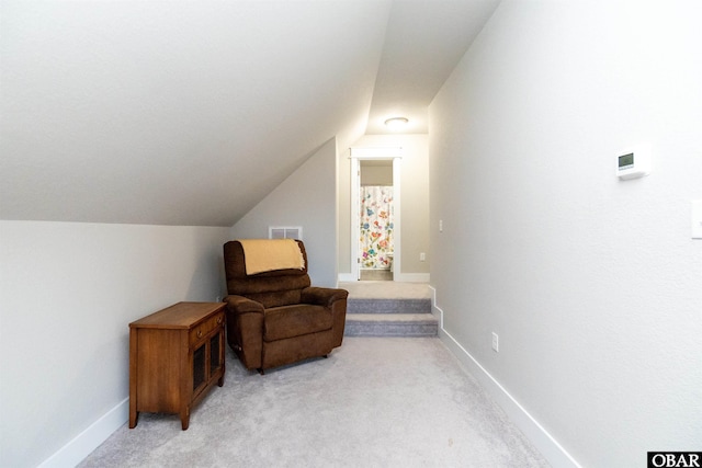 102 Keeter Barn Rd, Camden, NC 27976 - sitting room featuring light carpet, baseboards, vaulted ceiling, and visible vents