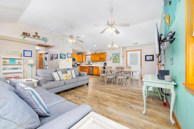 23180 Wimble Shores Dr Lot 8, Rodanthe, NC 27968 - living room with lofted ceiling, a ceiling fan, and light wood finished floors