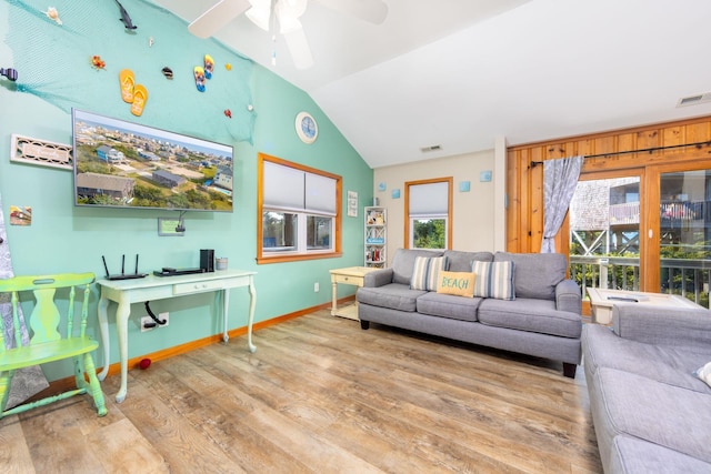 23180 Wimble Shores Dr Lot 8, Rodanthe, NC 27968 - living area featuring wood finished floors, vaulted ceiling, baseboards, and ceiling fan