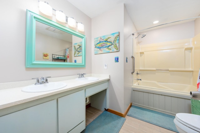 23180 Wimble Shores Dr Lot 8, Rodanthe, NC 27968 - bathroom with wood finished floors, bathing tub / shower combination, double vanity, baseboards, and toilet