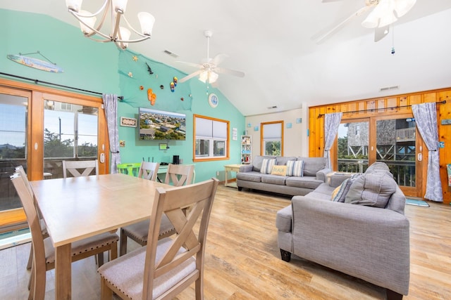 23180 Wimble Shores Dr Lot 8, Rodanthe, NC 27968 - dining room with ceiling fan, plenty of natural light, high vaulted ceiling, and light wood-style flooring