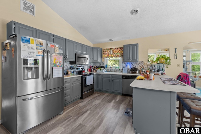 427 Harbour View Dr Unit Lot134-A, Kill Devil Hills, NC 27948 - kitchen featuring appliances with stainless steel finishes, gray cabinetry, a sink, a peninsula, and light countertops