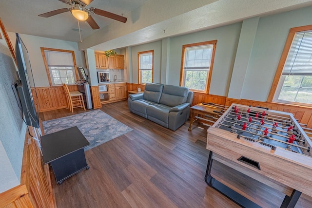 25200 Lela Ct Lot 6, Waves, NC 27982 - living room featuring a wainscoted wall, wooden walls, plenty of natural light, ceiling fan, and dark wood-style flooring