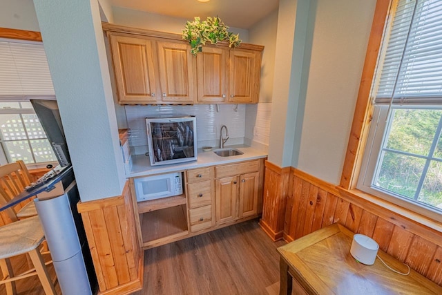 25200 Lela Ct Lot 6, Waves, NC 27982 - kitchen with a sink, white microwave, dark wood finished floors, wainscoting, and light countertops